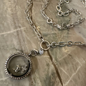 Origami Owl Locket Necklace Silver Crystal Family & Cross Charms Long Chain